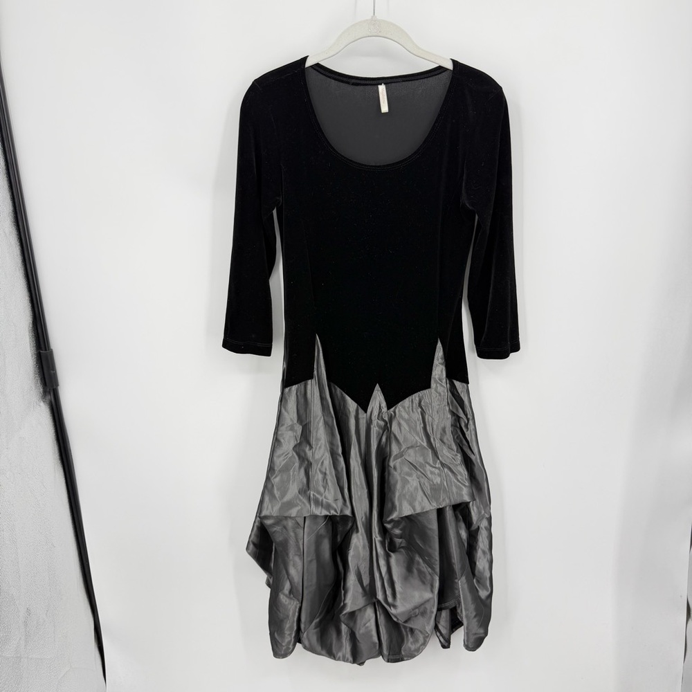 Vtg Magdalena Black Velvet pewter metallic Lagenlook Full Parachute Dress sz XS